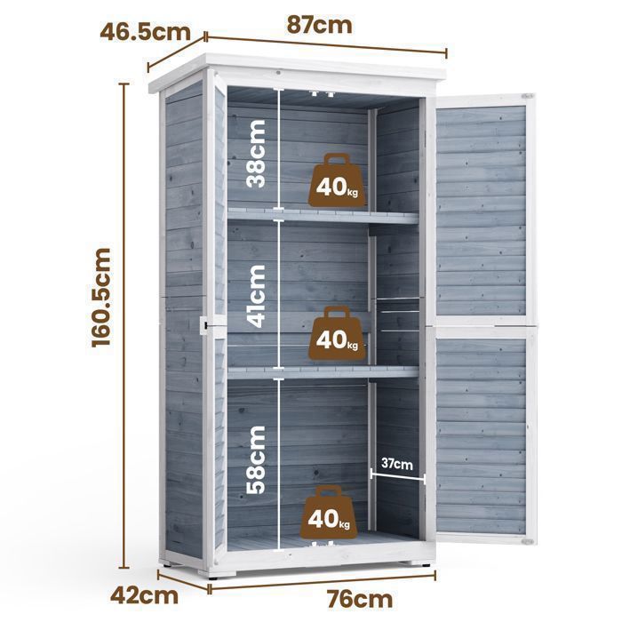 Caseta de jardín Bealife - 3 estantes - 2 puertas - Techo inclinado de betún impermeable - Almacenamiento exterior - Madera gris