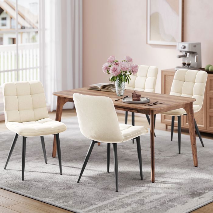 Conjunto de 4 cadeiras de jantar HavenlyHome, assento estofado em veludo bege, design ergonômico, pés de metal.