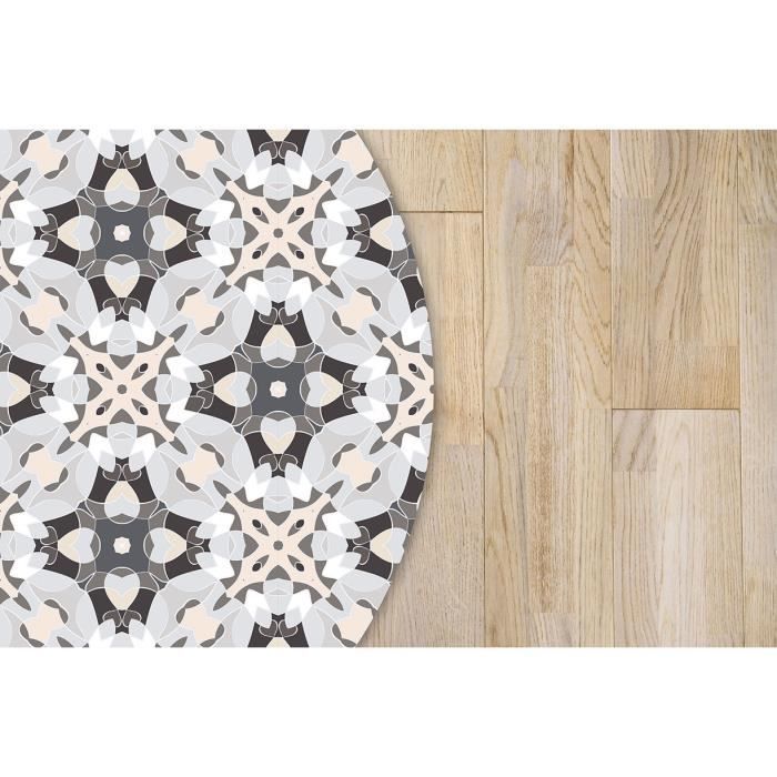 Tapis Vinyle Panorama Ronde Tuile Modèle Oriental Gris 150x150 cm - Tapis pour Cuisine, Bureau et Salon en PVC