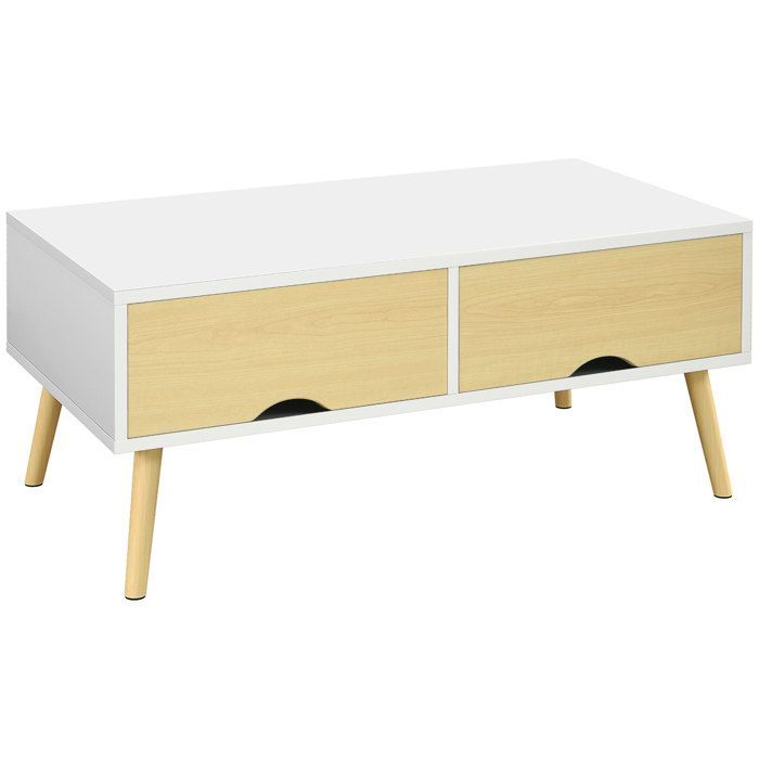 Mesa de centro rectangular con 2 cajones y 1 compartimento, 90x48x39 cm, blanco natural.