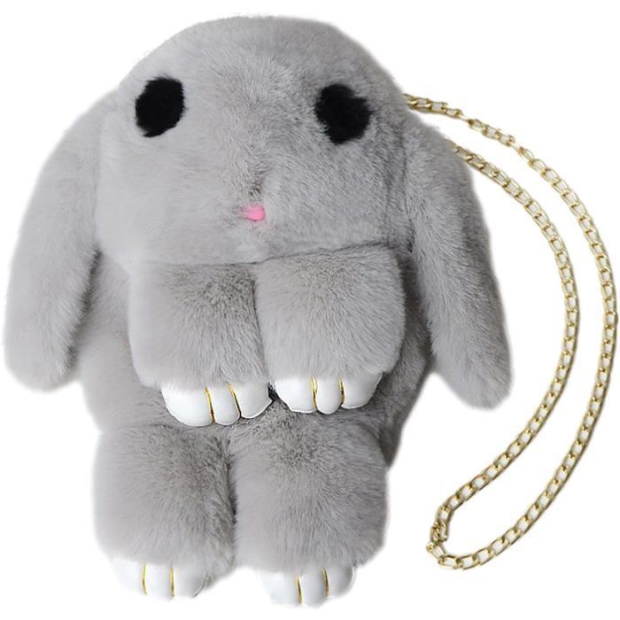 Bolso de hombro adorable, bolso de peluche para niños, bolso de animales de dibujos animados, bolso de mano de conejo de peluche, gris claro PZCC
