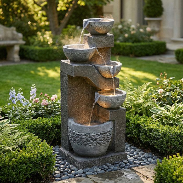 Fontaine de jardin avec éclairage LED - Aspect pierre naturelle - Pompe à eau intégrée - Éclairage LED