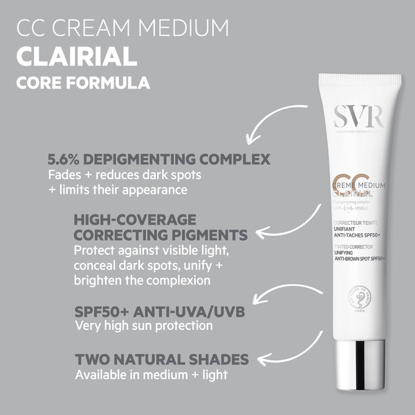 Crema CC SVR CLAIRIAL para hiperpigmentación SPF50+ 40 ml, tono medio