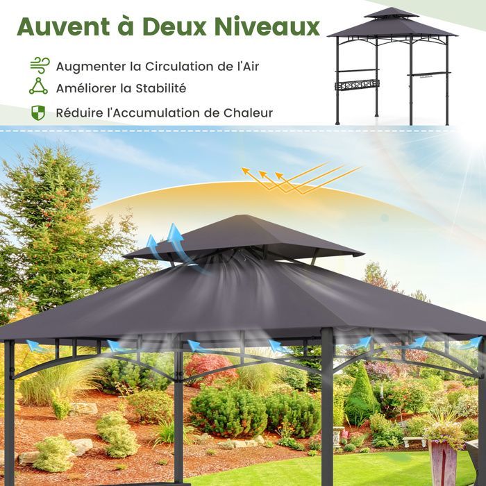 Tonnelle de Barbecue 242x153cm COSTWAY-Toit 2 Niveaux-2 Etagères Latérales-Panier Rangement-Crochets Suspension-Décapsuleur Gris