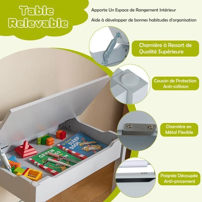 COSTWAY Bureau pour Enfants avec Chaise, Rouleau de Papier, Plateau Rabattable (Rangement Caché)en Bois pour 3+ Ans, Gris