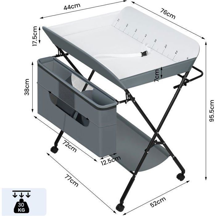 Cambiador plegable y portátil WOLTU con ruedas y cesta, altura regulable, estructura metálica, tela Oxford, gris.