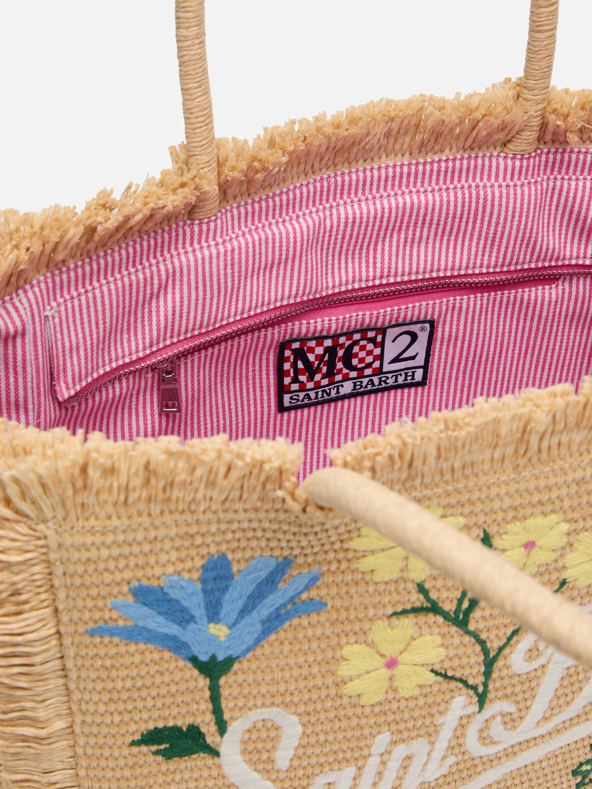 Beige Vanity schoudertas met stro-effect en opgenaaide bloemen.