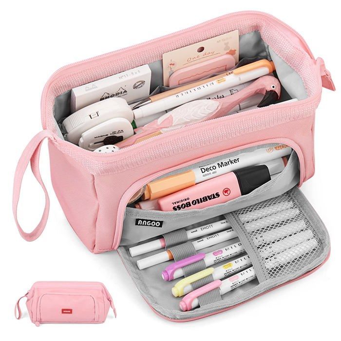 Pencil case - Pink - Large - Zipped - Canvas - Multifunctional
