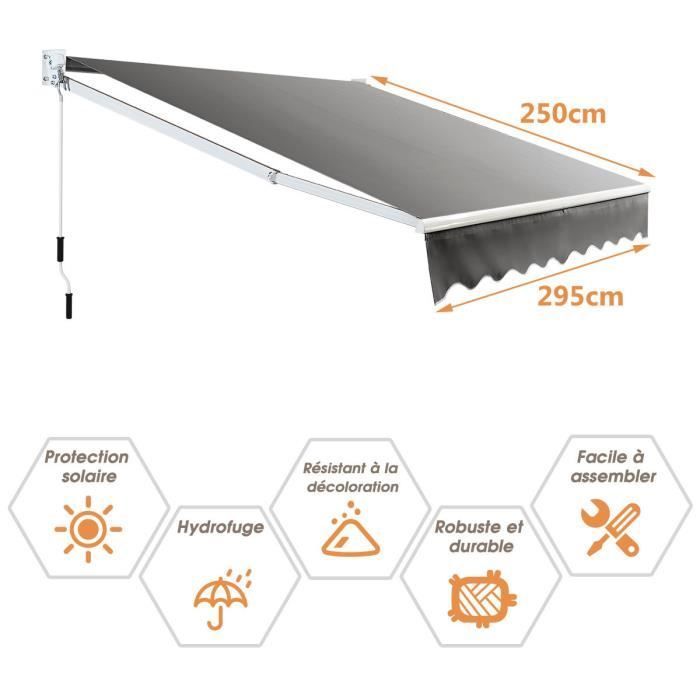 Toldo retráctil manual COSTWAY 295x250CM Ángulo ajustable 40°-100° No requiere perforación Metal y tela para ventana/balcón/jardín Gris