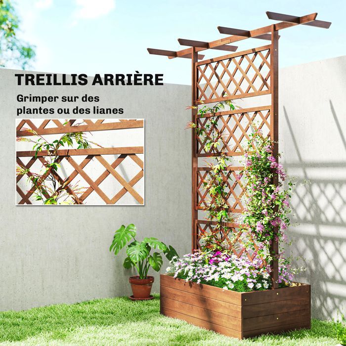 Raised Planter - Outsunny - with trellis, roof bars, drainage holes, non-woven fabric - natural wood effect