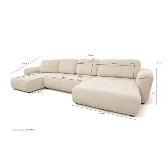 Canapé d’angle panoramique convertible Binigia U XL 6 places – Tissu velours beige  - 380 cm