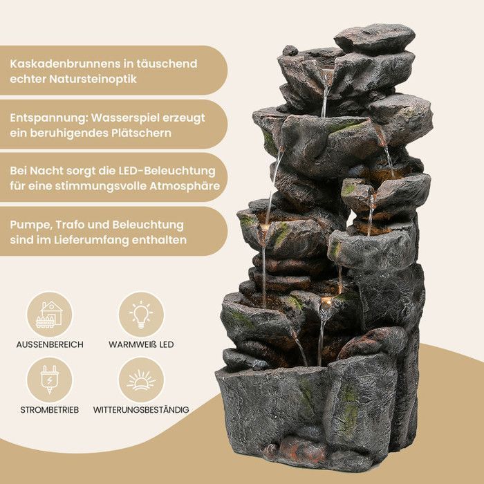 Fuente de jardín con iluminación LED - Aspecto de piedra natural - Bomba de agua integrada - Iluminación LED - 46x36x90 cm
