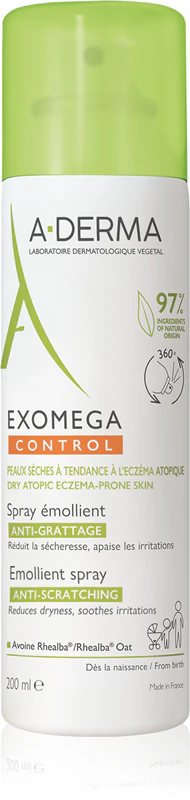 A-Derma Exomega Control Spray Emoliente: creme hidratante que fortalece a barreira protetora da pele sensível e atópica.