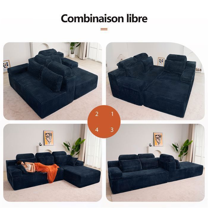 Sofá esquinero reversible con chaise longue, sofá modular de respaldo alto, sofá cama de asiento profundo, no requiere montaje, azul.