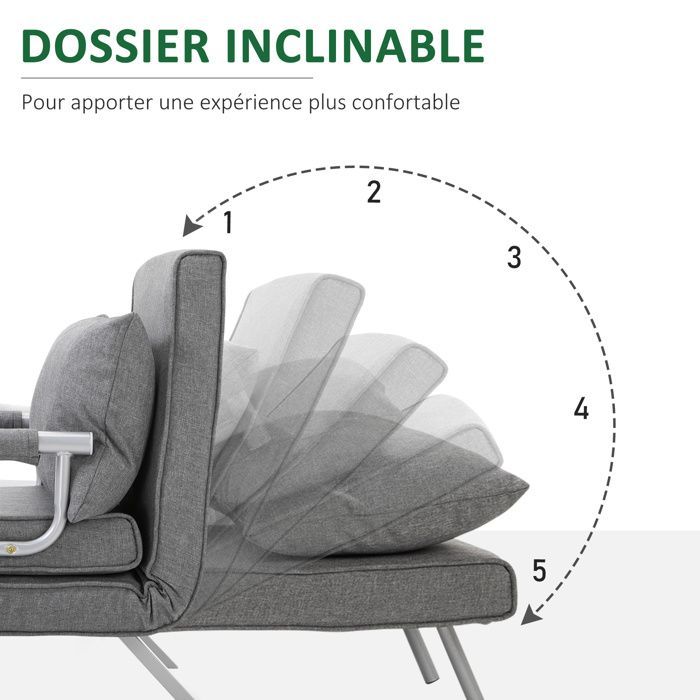 Poltrona/divano letto trasformabile - HOMCOM - 1 posto con rivestimento sfoderabile, alto comfort, gambe in metallo - lino - grigio chiaro