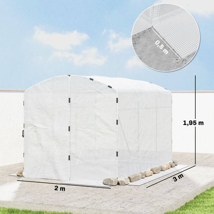 Serre tunnel de jardin - Outsunny - 6 m² - bâche PE 220g/m² - bords prolongés 50 cm - avec porte - 300x200x195cm - blanc