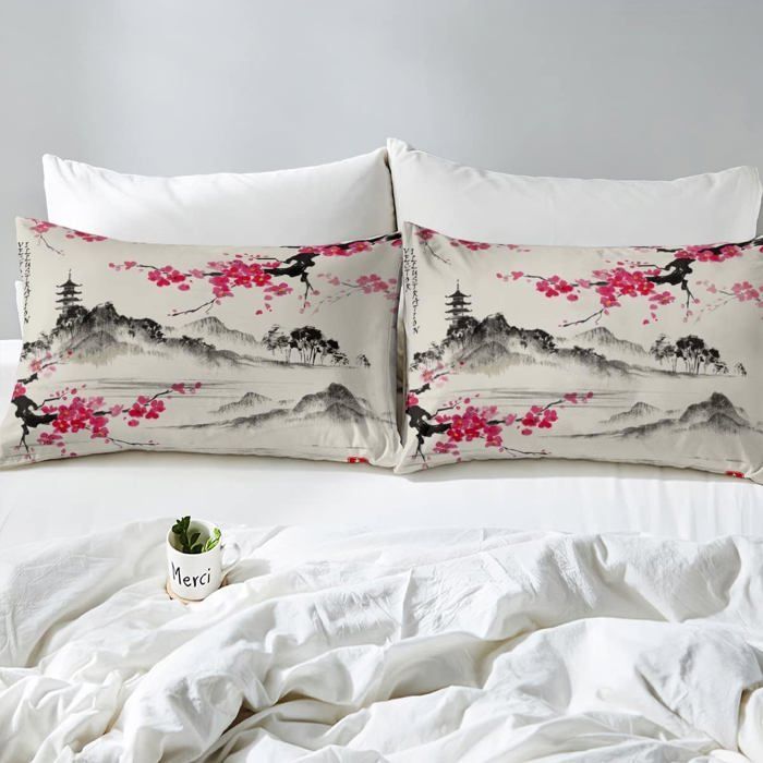 Juego de ropa de cama infantil con estampado de montaña, 140x200cm. Juego de funda nórdica vintage con pintura clásica de montaña.
