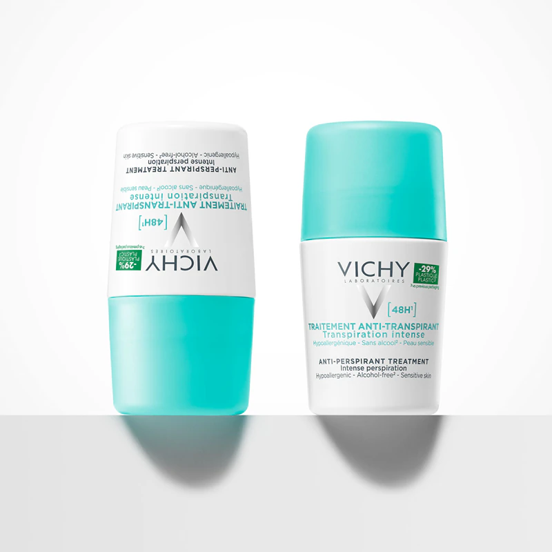 Desodorante roll-on antitranspirante Vichy 48h contra transpiração excessiva.