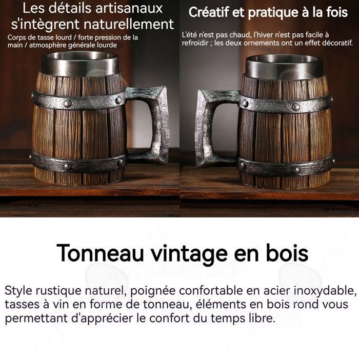 Copa de vino PASSIONOVA de 600 ml, diseño de barril, acero inoxidable de doble pared con asa, para cócteles y cerveza.