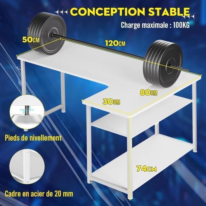 Mesa de jogos branca em formato de L - Prateleiras de armazenamento - Porta de carregamento USB - Tomada elétrica
