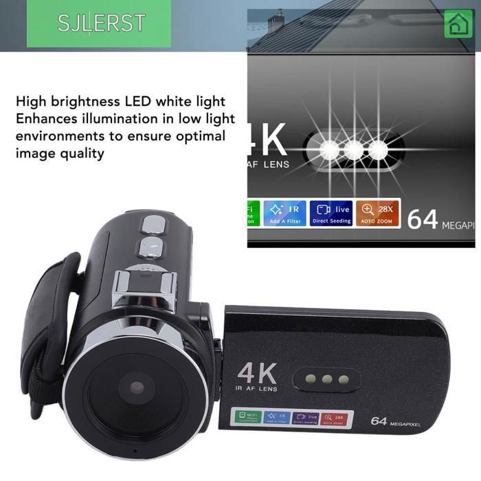 Caméra de Vidéo, Caméscope 4K 64MP 28x Smart Zoom Digital Video Camera, 3 Pouces 270 ° Écran de Rotation