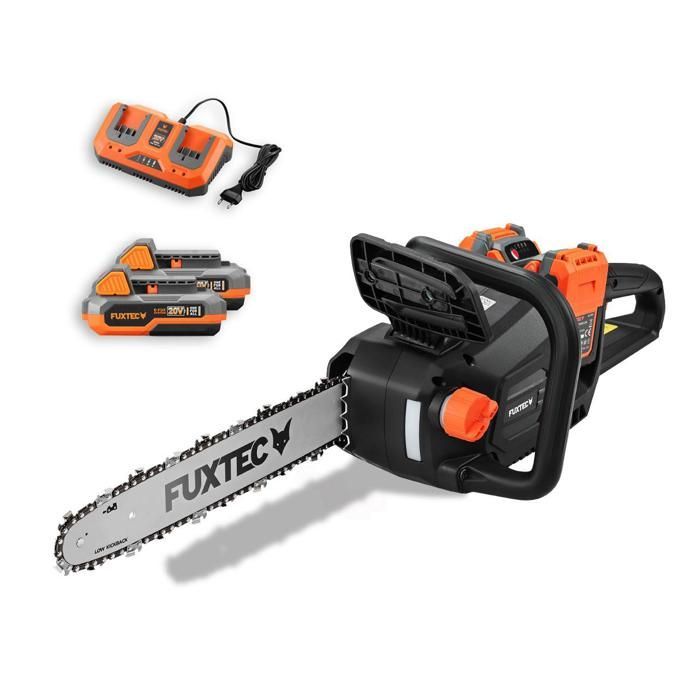 Motosierra inalámbrica FUXTEC FX-E2KSSET de 2 x 20 V - Longitud de corte de 35 cm, baterías y cargador doble.
