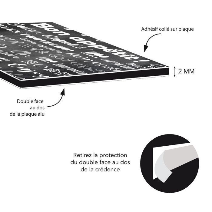 Crédence ENJOY en aluminium adhesive - 90x70 cm - Noir et blanc - Face arrière autocollante - Fond de hotte