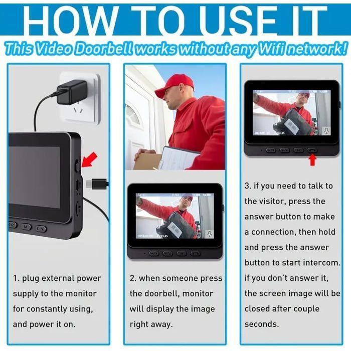 Sonnette sans Fil Exterieur Etanche avec écran IPS de 4.3 1080P Sonnette sans Fil avec Camera IP69 Visiophone Audio Bidirectionnel