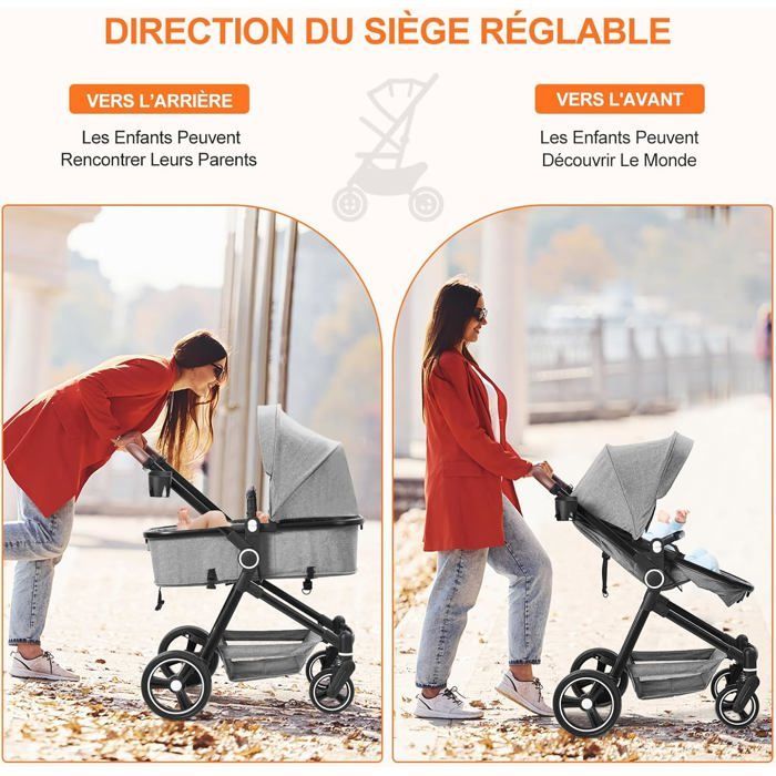 Cochecito 2 en 1, compacto, ligero y plegable con asiento reclinable, Bébé Confort Stroller para bebés de 0 a 3 años, gris.
