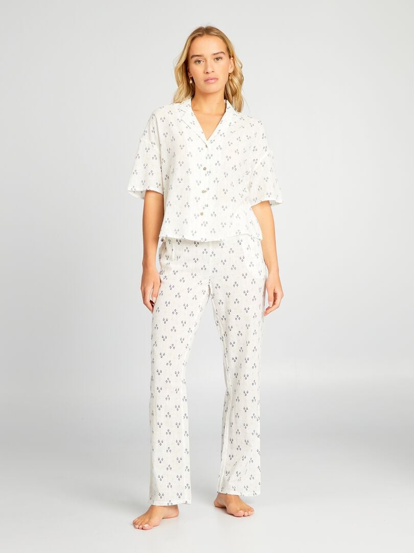 Pijama comprido de gaze de algodão estampada - BEGE