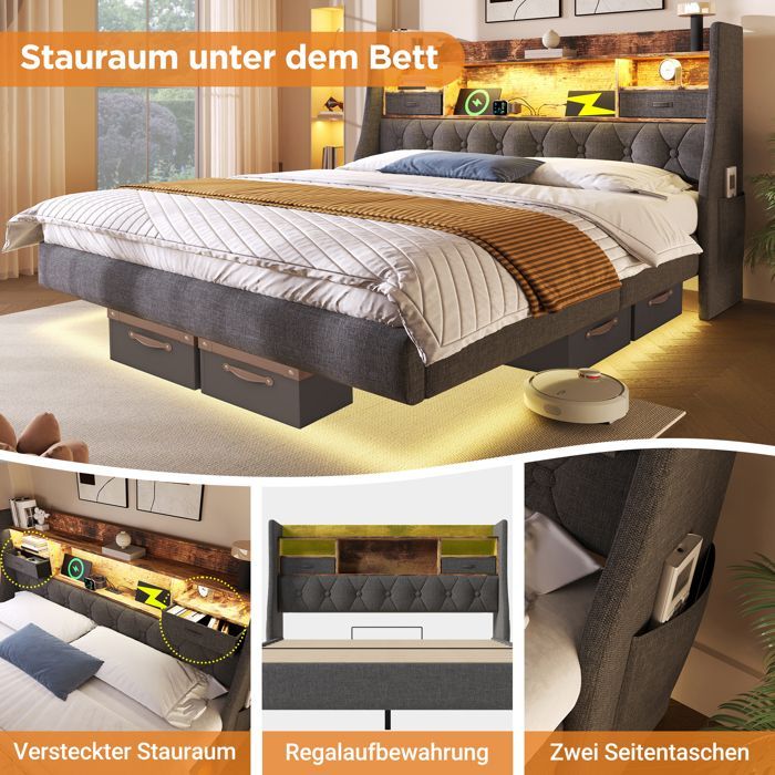 Cama doble de 180x200 cm con iluminación LED y puertos USB, estructura de cama para adultos con cabecero de lino, cama doble moderna, gris.