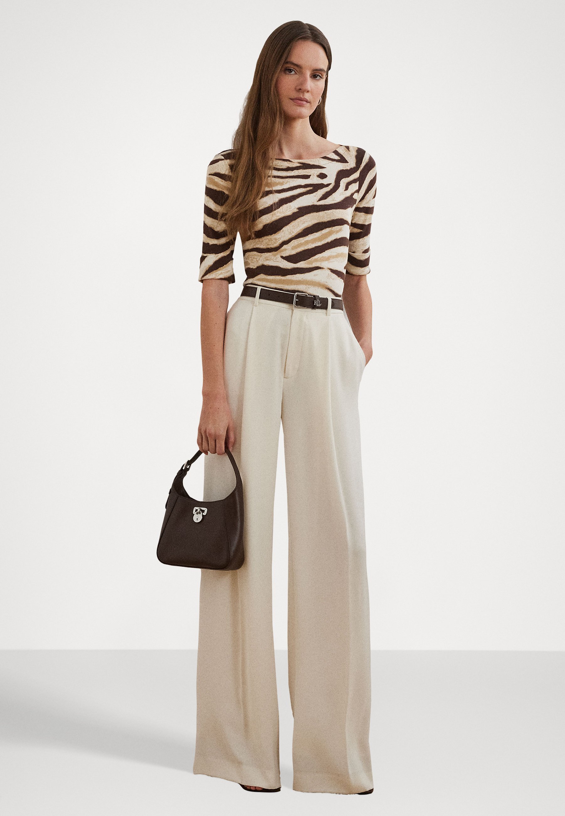 Lauren Ralph Lauren T-shirt met zebraprint van stretchkatoen met boothals - T-shirt met print - crème/bruin