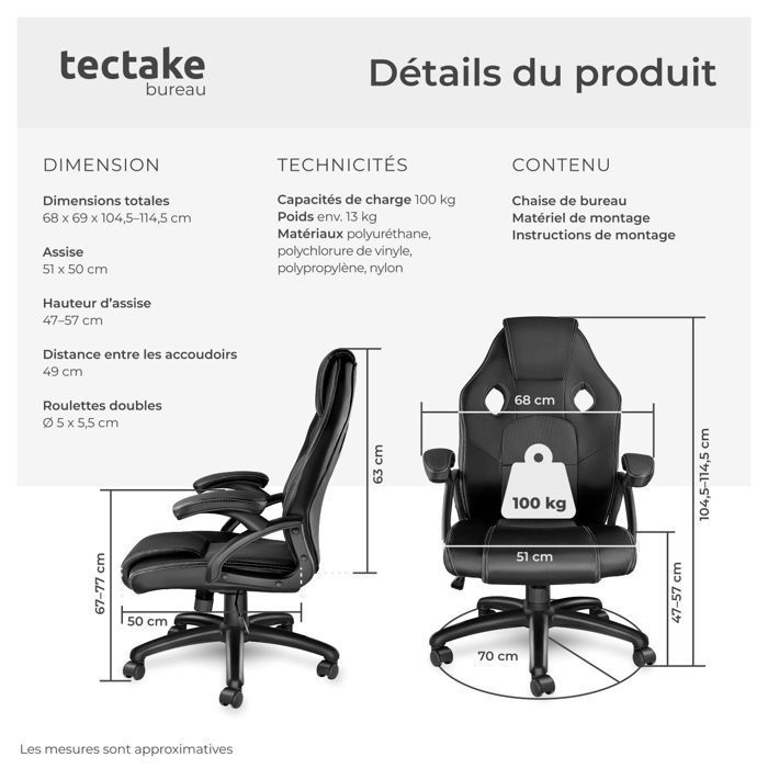 Bürostuhl – TECTAKE – MIKE Gaming-Chefsessel mit dicker Polsterung und Kunstlederbezug – Schwarz