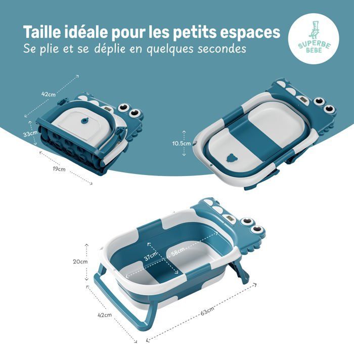 Vaschetta da bagno pieghevole per neonati - Termometro e cuscino inclusi - DINO - Blu Anatra | SUPERB BABY