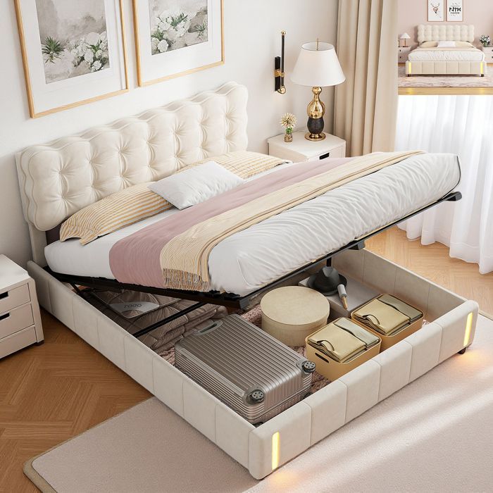 Cama con almacenamiento de 140x190 cm, cama doble con iluminación LED, cabecero, sensor de luz nocturna, somier de láminas, cama para adultos, terciopelo, beige.