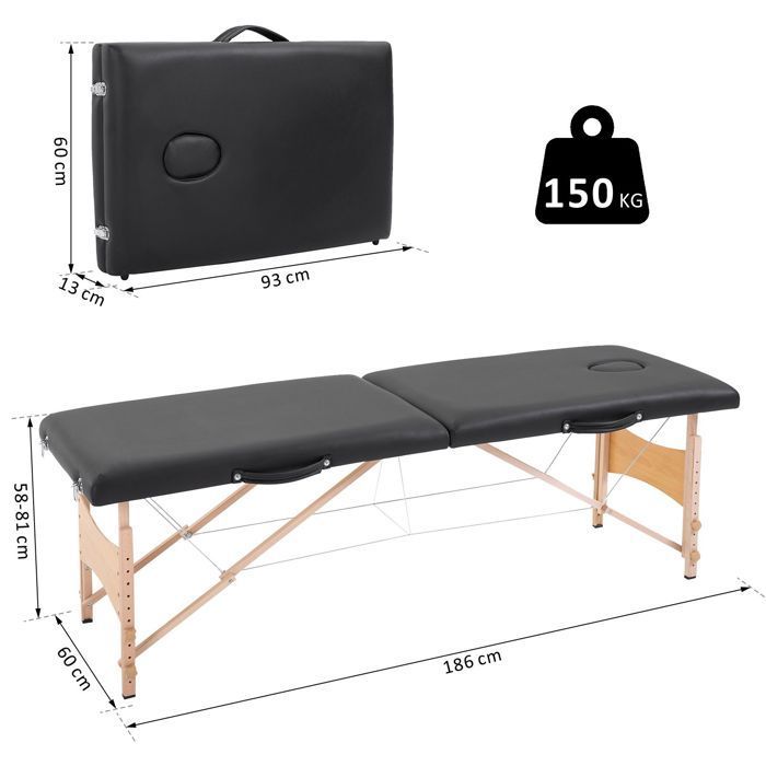 HOMCOM - Camilla de masaje - Madera - 186x60x87cm - Negra