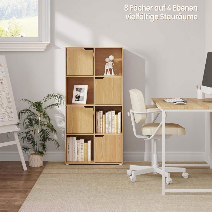 WOLTU Boekenkast, Opbergmeubel, 8 Opbergvakken, 4 Deuren, Samengesteld Hout, 60x30x120cm, Licht Eiken W0ATT0297