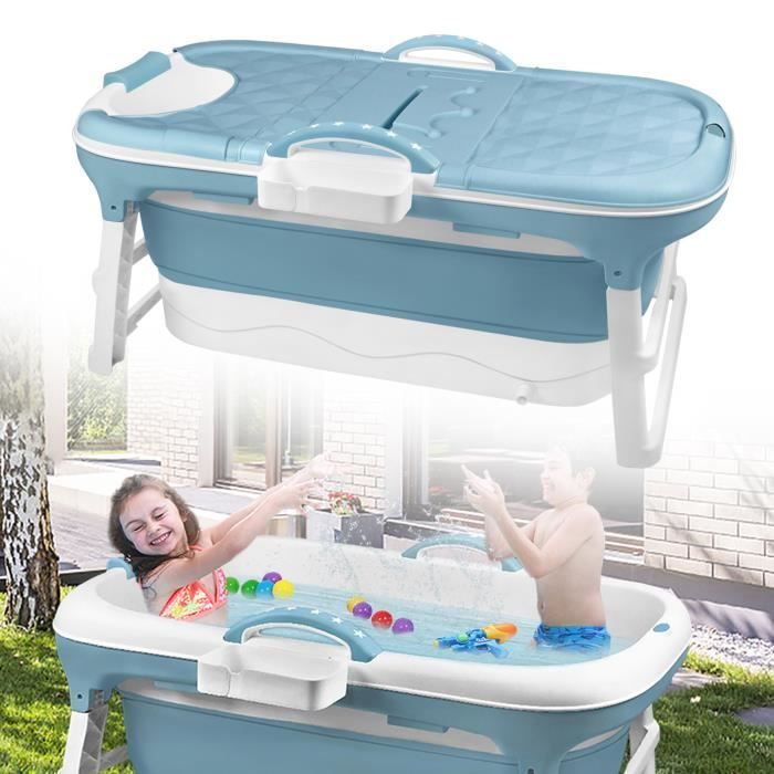 Bañera plegable para adultos HENGMEI, tamaño L, portátil, con tapa, ruedas y bandeja, color azul verdoso, 112 x 62 x 52 cm.