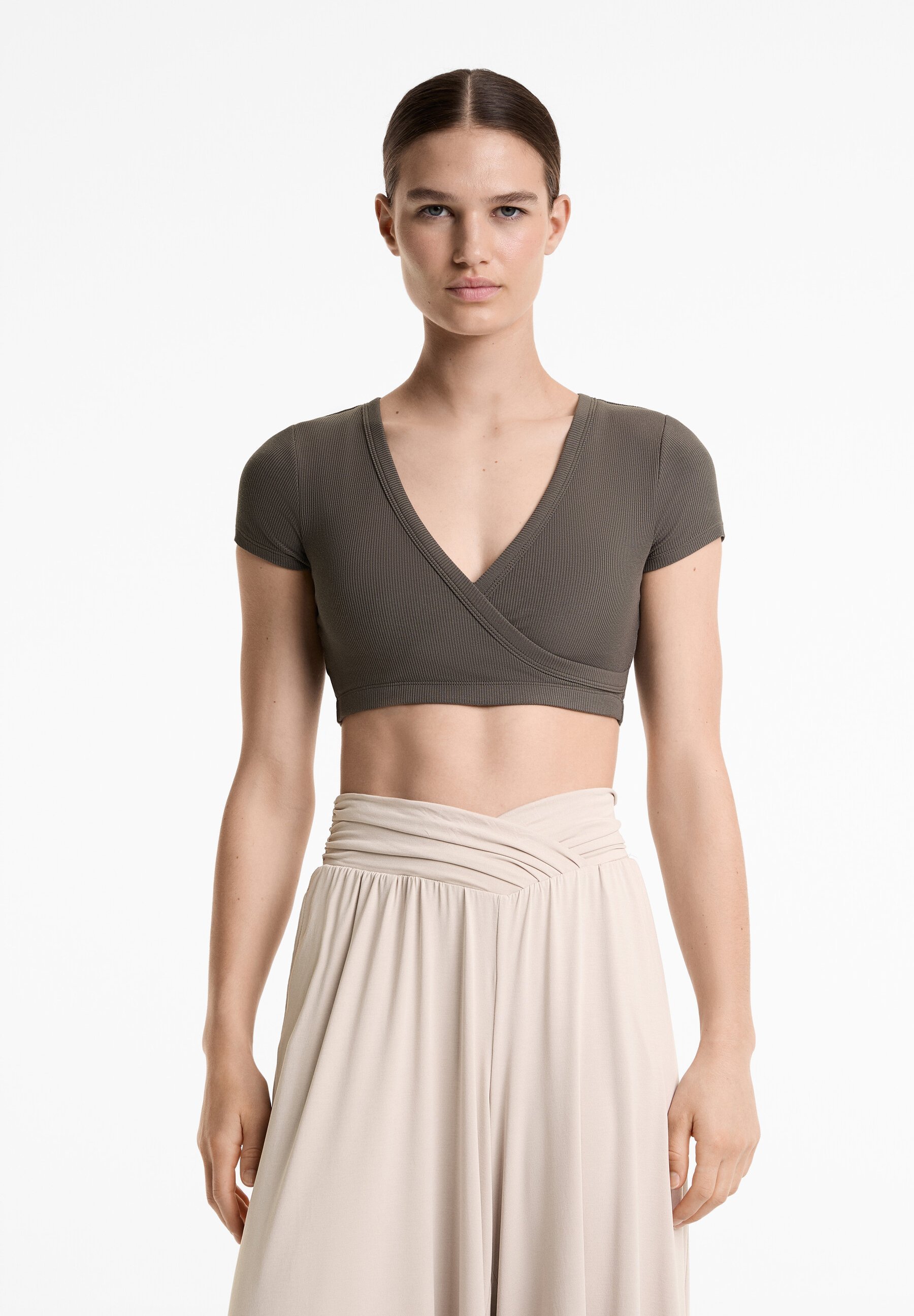 OYSHO RIB SOFT TOUCH CROSSOVER - Camiseta básica - cinza