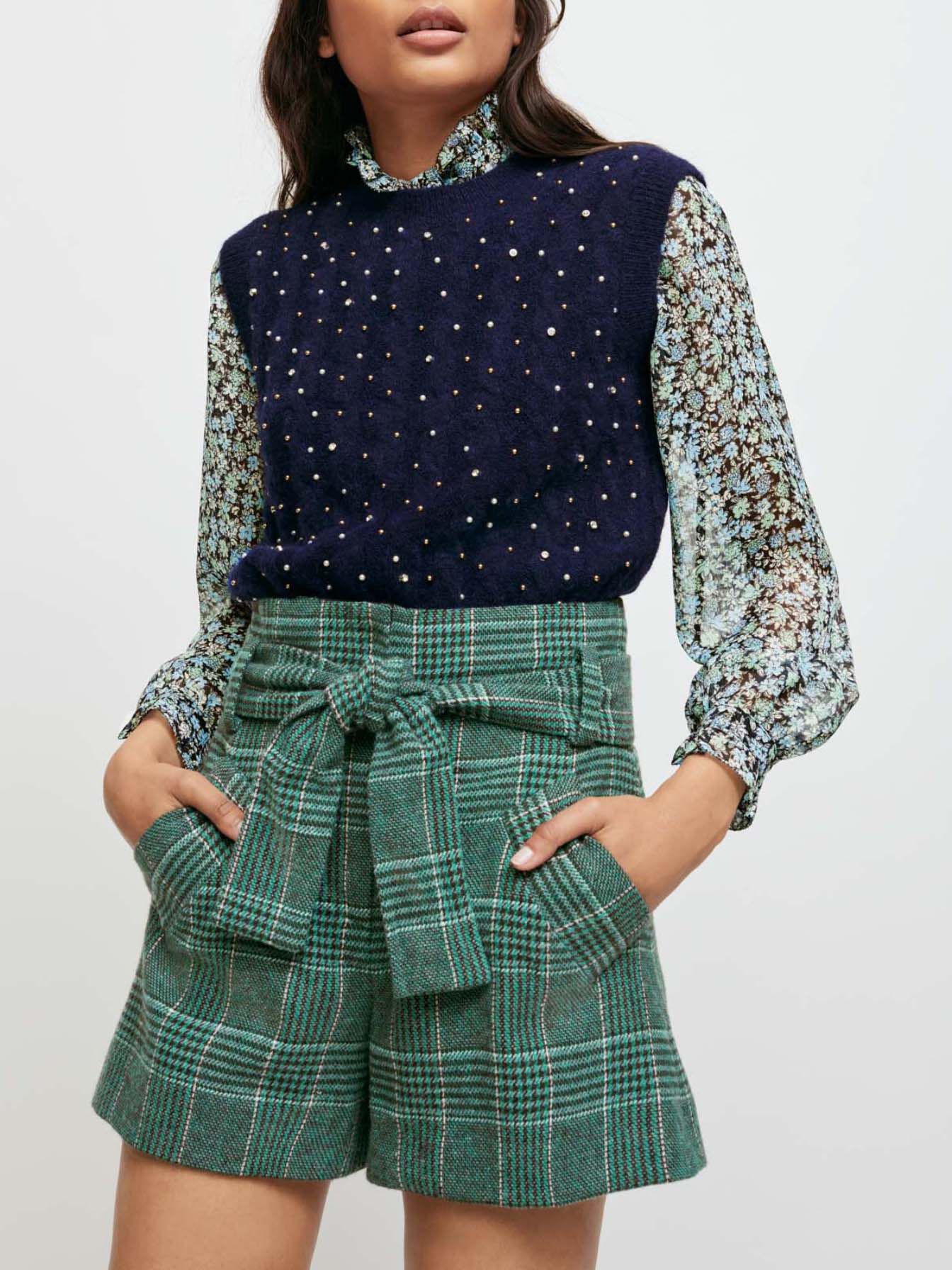 Geruite shorts met riem - Vert