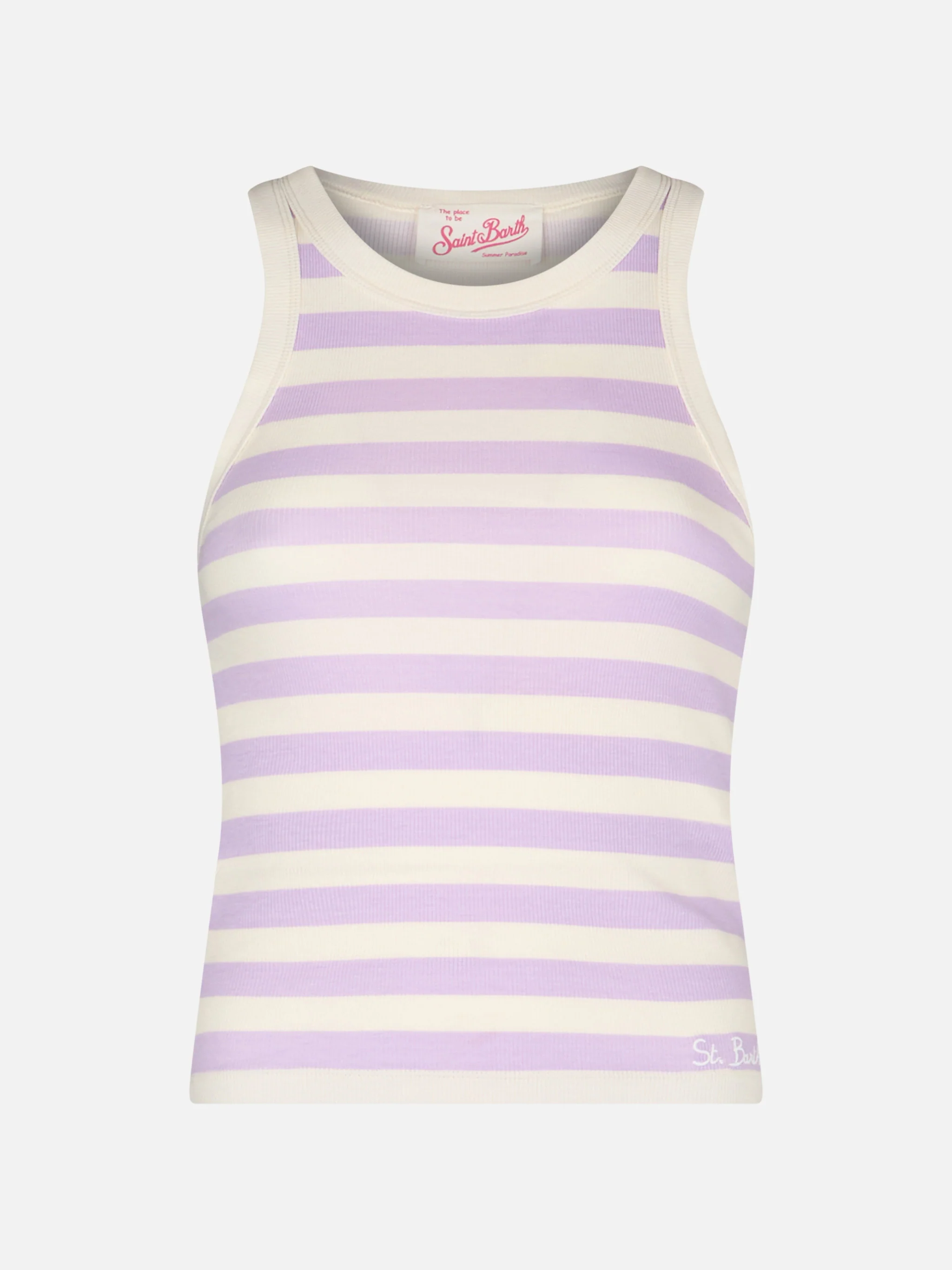 Canotta da donna in cotone rigato lilla e bianco sporco in maglia a co