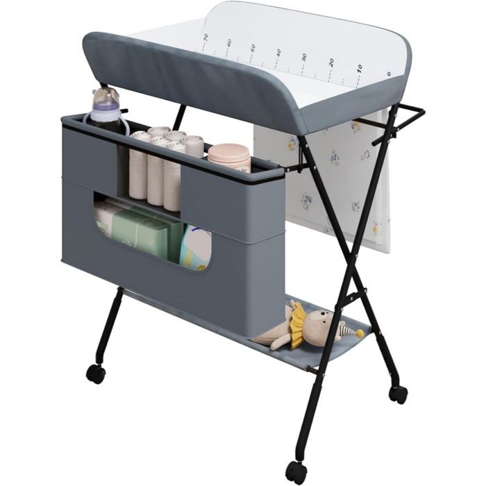 Cambiador plegable y portátil WOLTU con ruedas y cesta, altura regulable, estructura metálica, tela Oxford, gris.