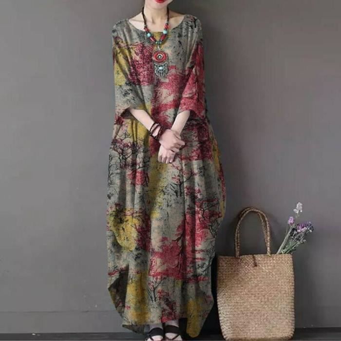 Robe longue en coton à imprimé Floral pour femme surdimensionné décontracté et élégant à manches longues Jaune