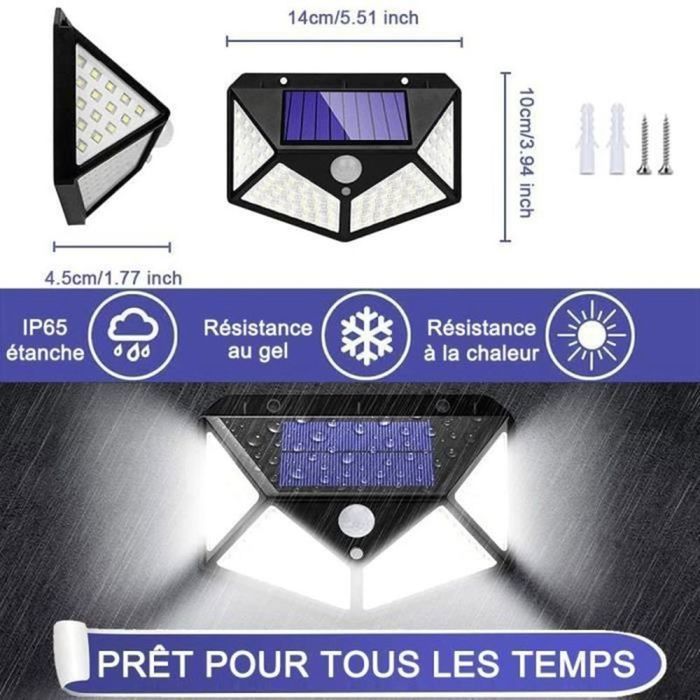 Lampe solaire extérieure 4 Pack 100LED 2200mAh 3 modes - AUDBURN - Noir - Détecteur de Mouvement