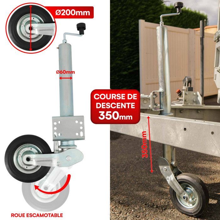 Roue Jockey - 500kg - Tube acier 60mm - Escamotable - Bride de fixation soudée multi-trous - Universelle tous types de remorques