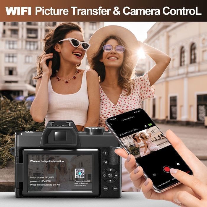 NBD Appareil Photo Numérique 5K pour la Photographie et Le Vlogging, 48 MP/60 FPS avec WiFi et Contrôle par Application