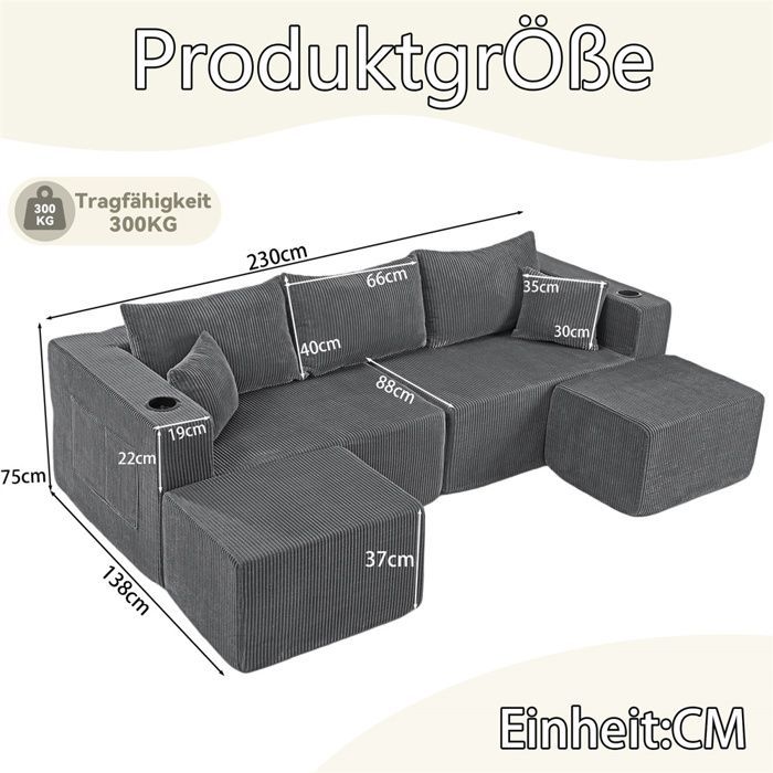 DRIPEX Canapé modulaire 3 places L230 cm,canapé compressé en forme de U avec poufs mobiles,en velours côtelé,porte-boissons,Gris