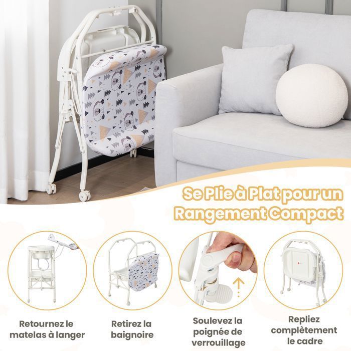 Cambiador plegable 4 en 1 para bebés COSTWAY con bañera (20 L) - 4 ruedas, manguera de 1 m, bandeja de almacenamiento, cojín de PVC impermeable - Capacidad de 35 kg - Blanco
