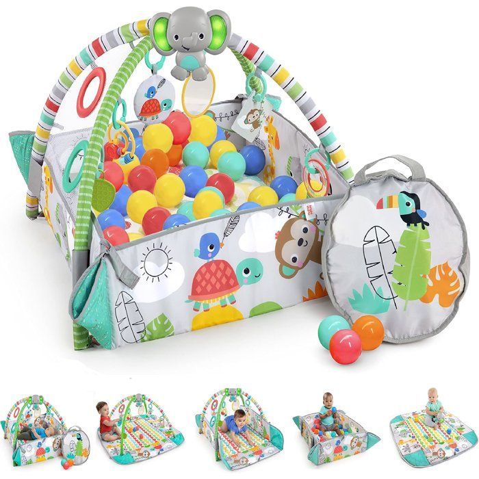 BRIGHT STARTS Tapis d'éveil bébé,  parc à balles, Tropical, 5 modes de jeu - 40 balles - 7 jouets détachables, Cadeau bébé