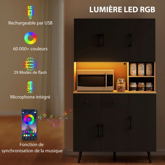 Keukendressoir, hoge opbergkast met RGB LED-verlichting, werkblad, 6 deuren, 2 lades, 100x40x176cm, zwart